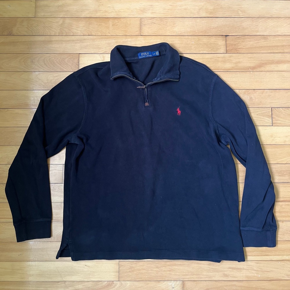 Polo Ralph Lauren Mens Large Navy Blue Ribbed Cotton Quarter Zip Sweater